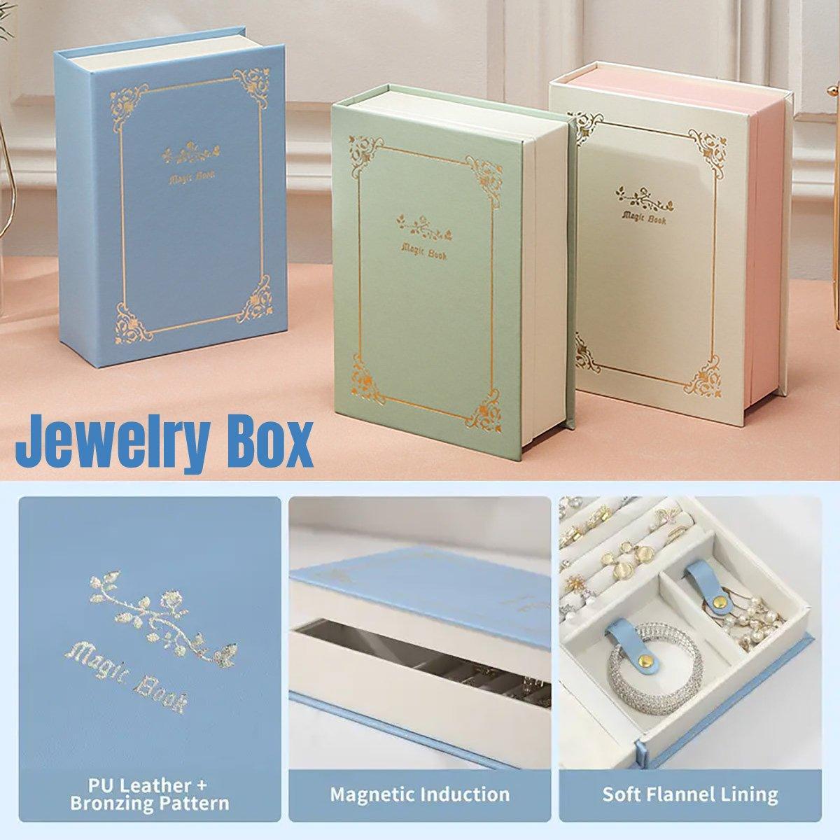 Creative PU Leather Jewelry Box Book Earrings Rings Necklace Organizer Holder - Green