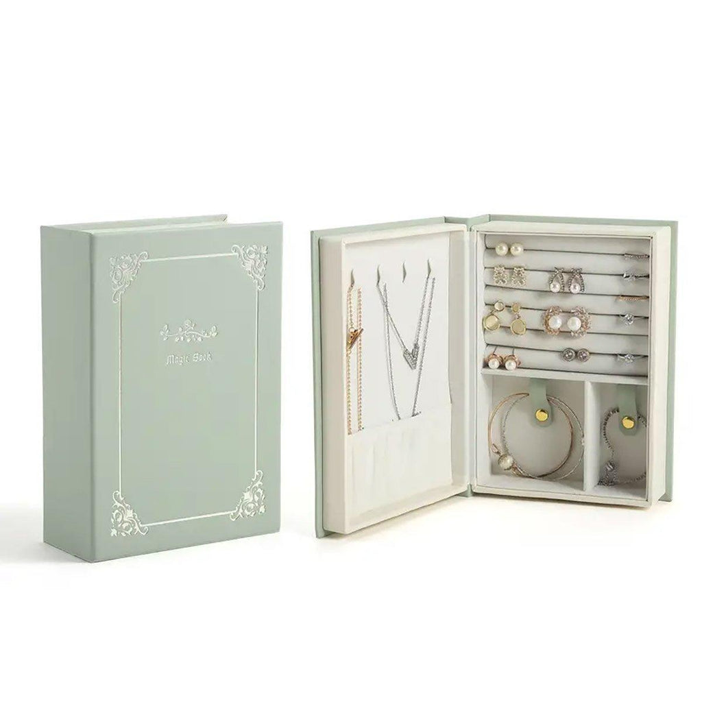 Creative PU Leather Jewelry Box Book Earrings Rings Necklace Organizer Holder - White