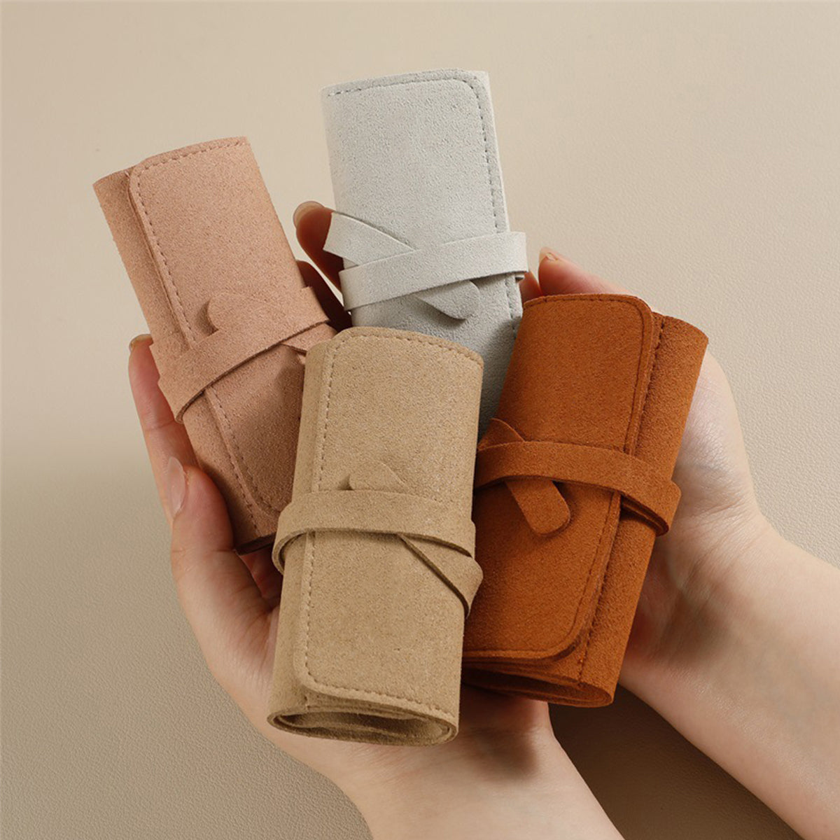 Portable Microfiber Jewelry Storage Bag Roll Organizer for Earrings Necklaces - Beige