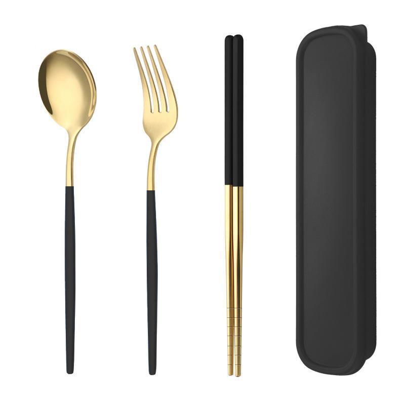 5PC Stainless Steel Portable Cutlery Set -  Fork Spoon for Travel & Picnic - Black