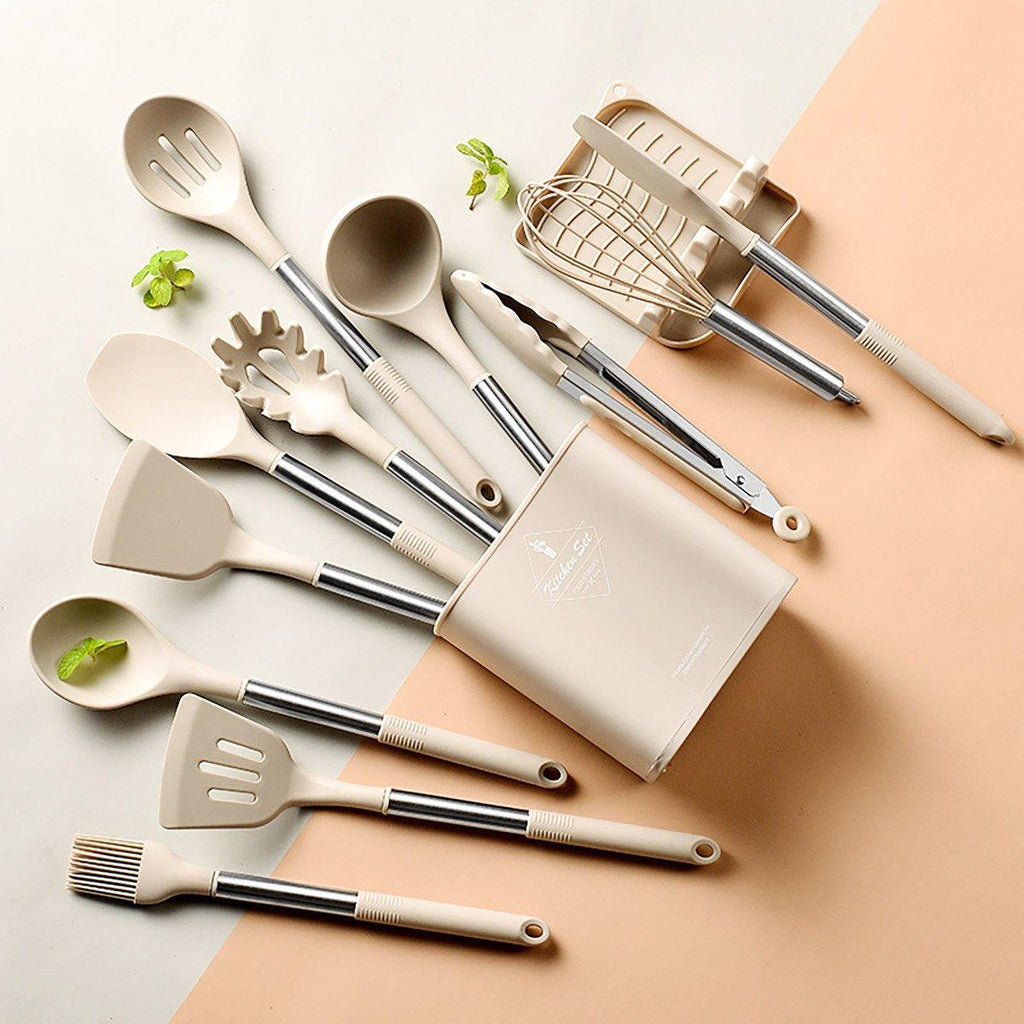 13PCS Silicone Kitchen Utensil Set Stainless Steel Handle Non-Stick Cooking Tool - Black