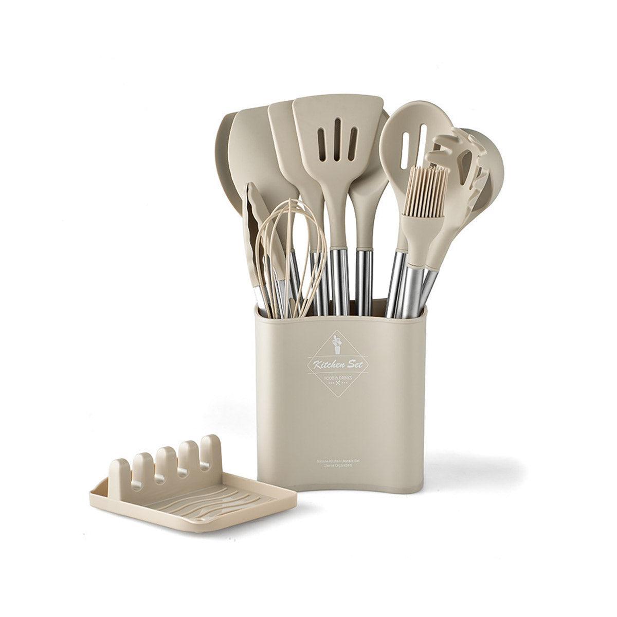 13PCS Silicone Kitchen Utensil Set Stainless Steel Handle Non-Stick Cooking Tool - Black