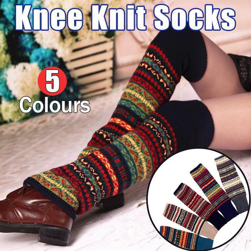 Women Ladies Winter Warm Knit Wool Leg Warmer Woolen Knee Knit Socks Leggings - Blue