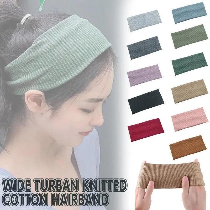 Women Headband Solid Wide Turban Knitted Cotton Hairband Girls Elastic Hair Band - Coffee