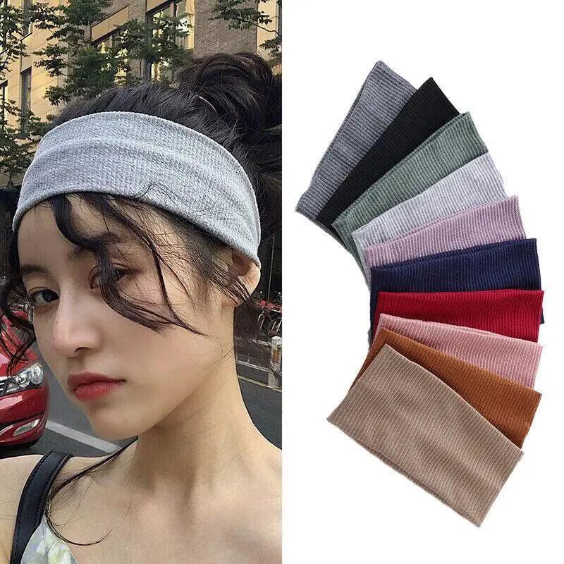 Women Headband Solid Wide Turban Knitted Cotton Hairband Girls Elastic Hair Band - Coffee