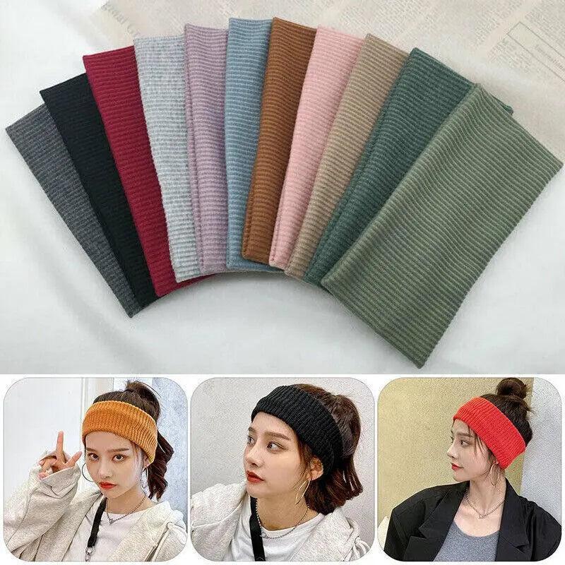 Women Headband Solid Wide Turban Knitted Cotton Hairband Girls Elastic Hair Band - Pink