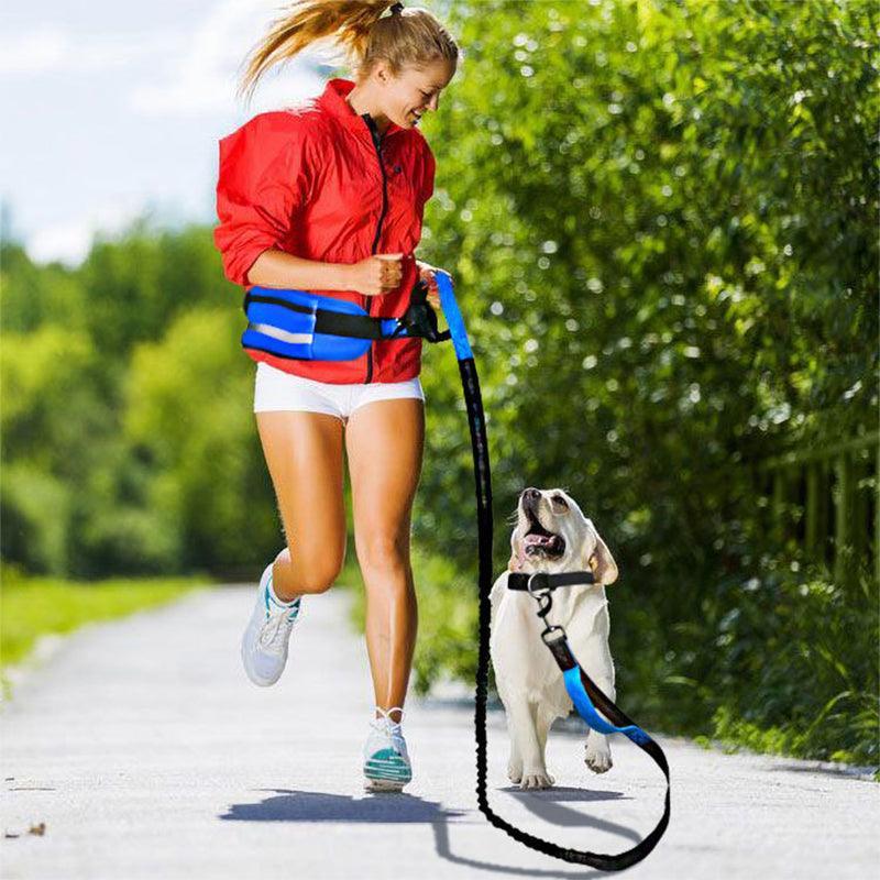 Hands Free Dog Leash Adjustable Lead with Waist Belt Bag for Walking Jogging Running - Black + Blue