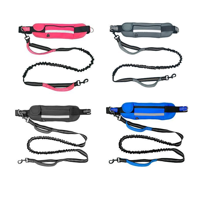 Hands Free Dog Leash Adjustable Lead with Waist Belt Bag for Walking Jogging Running - Black+Pink