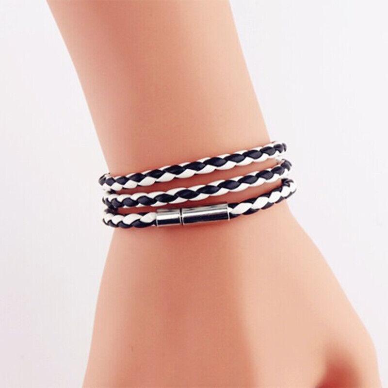 1Pc New Fashion Men Women Three Laps Pu Leather Bracelet Wristband Bangle Punk - Black