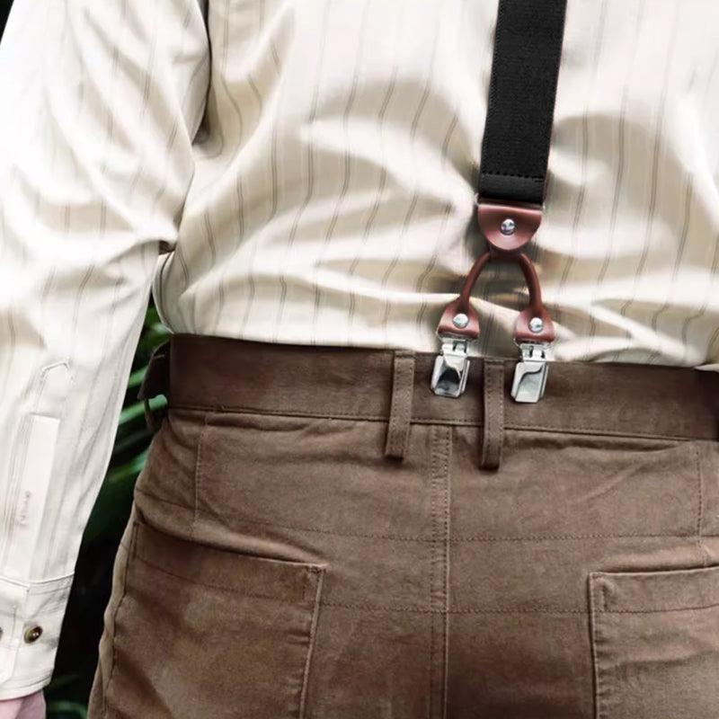 Adjustable 35mm Wide Suspenders for Men with 6 Clips Elastic Leather Braces - Grey