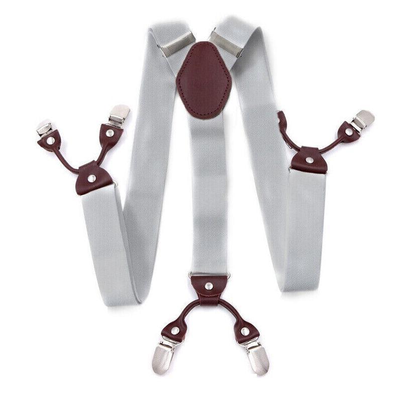 Adjustable 35mm Wide Suspenders for Men with 6 Clips Elastic Leather Braces - Grey