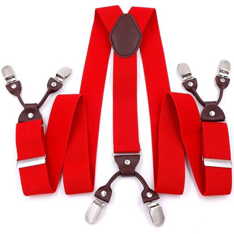 Adjustable 35mm Wide Suspenders for Men with 6 Clips Elastic Leather Braces - Red
