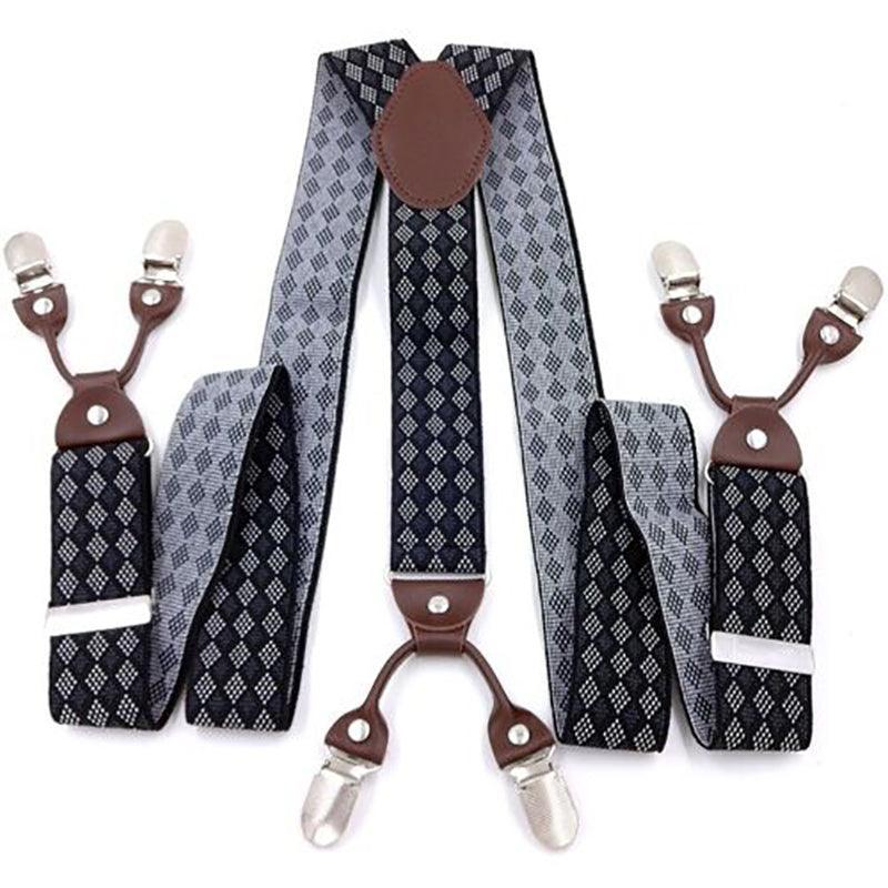 Adjustable 35mm Wide Suspenders for Men with 6 Clips Elastic Leather Braces - Red