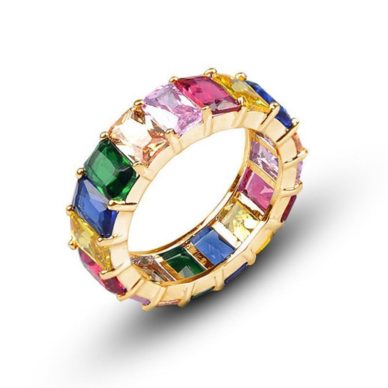 Rainbow Zircon Gemstone Ring Women's Stainless Steel Colourful Ring Size 6-10 - Silver-Multicolor-10