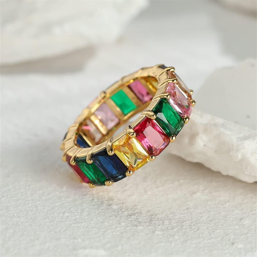 Rainbow Zircon Gemstone Ring Women's Stainless Steel Colourful Ring Size 6-10 - Silver-Multicolor-7