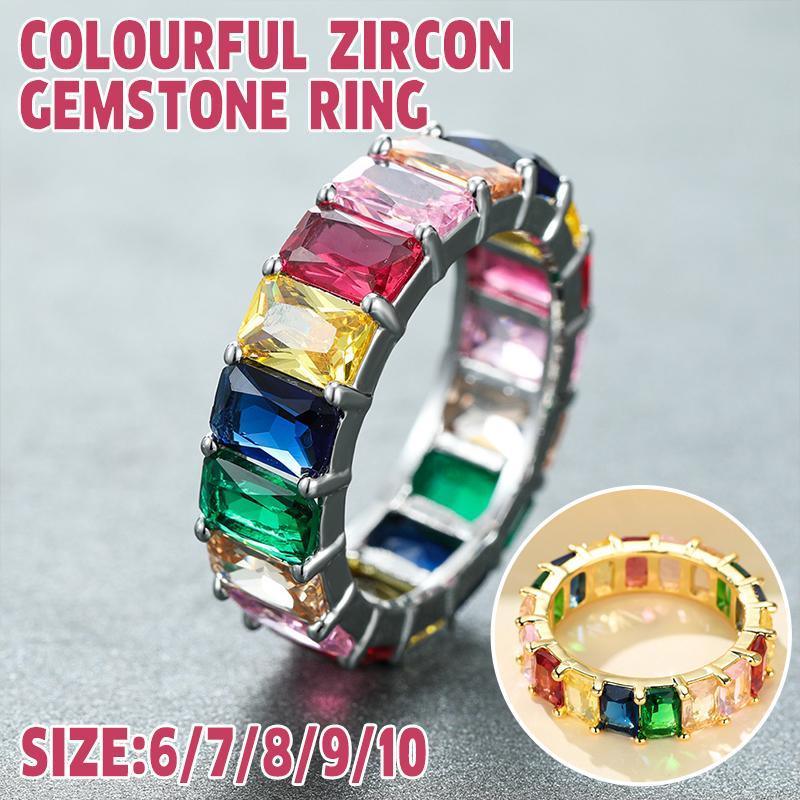 Rainbow Zircon Gemstone Ring Women's Stainless Steel Colourful Ring Size 6-10 - Silver-Multicolor-8