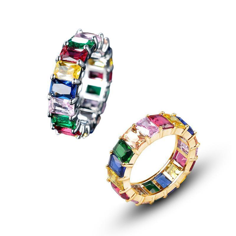 Rainbow Zircon Gemstone Ring Women's Stainless Steel Colourful Ring Size 6-10 - Silver-Multicolor-8