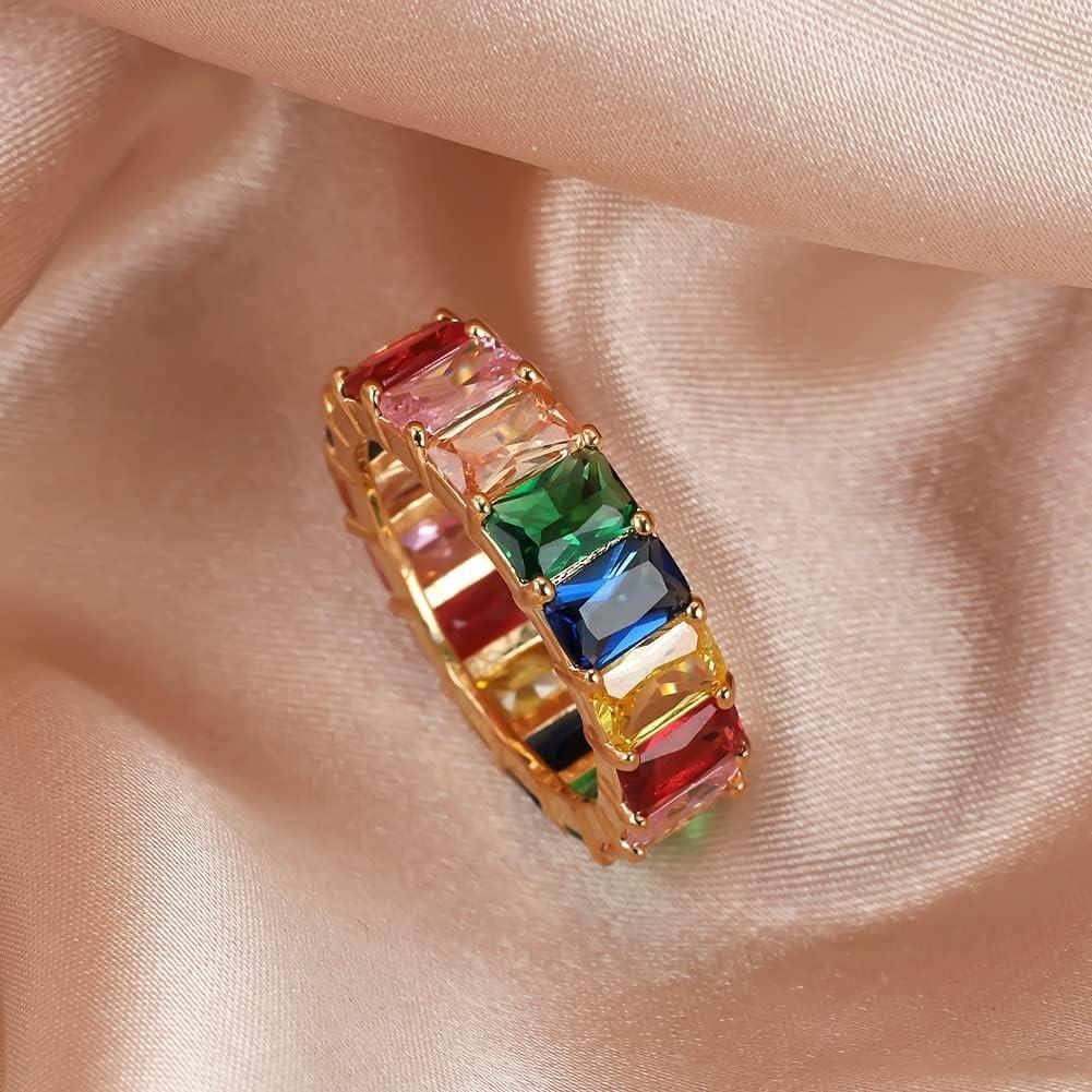 Rainbow Zircon Gemstone Ring Women's Stainless Steel Colourful Ring Size 6-10 - Silver-Multicolor-8