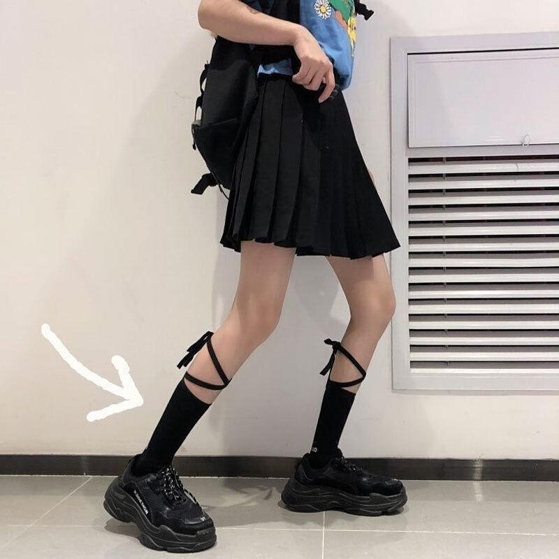 Cross-Tie Women Lolita Socks Bandage Stockings Korean Style Middle Tube Socks - White+Black