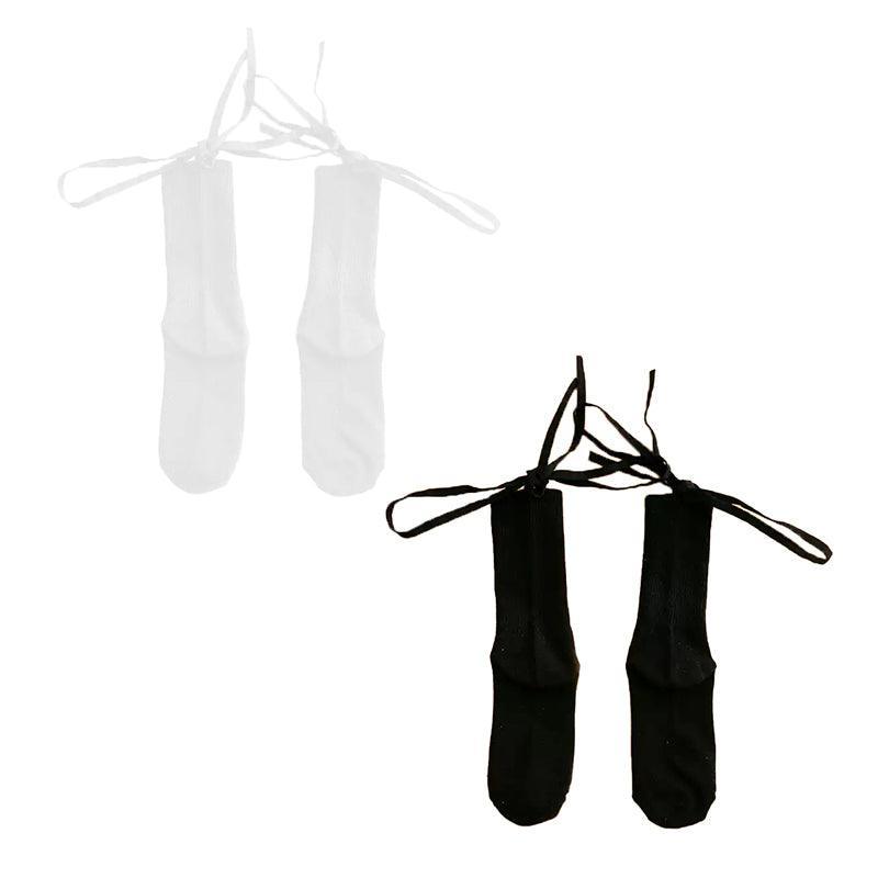 Cross-Tie Women Lolita Socks Bandage Stockings Korean Style Middle Tube Socks - White+White