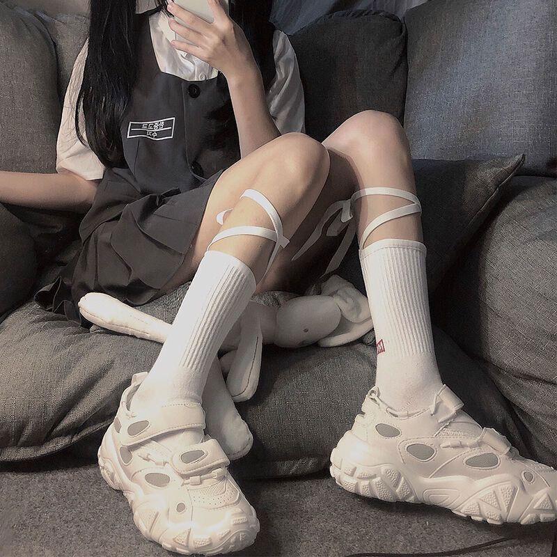Cross-Tie Women Lolita Socks Bandage Stockings Korean Style Middle Tube Socks - White+White