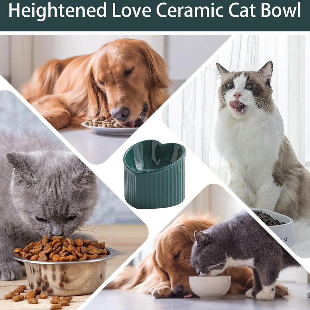 Love Shape Slanted Cat Bowl Ceramic Pet Bowl for Cats Food Water Feeding Dish - Black