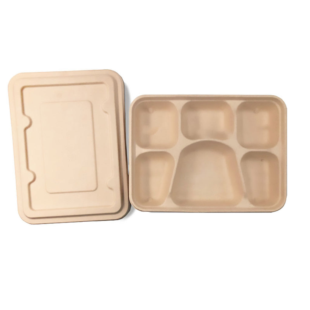 25/50pcs Biodegradable Lunch Box Microwaveable Tray with Compartment Paper Lid - 1400ML-6-50pcs