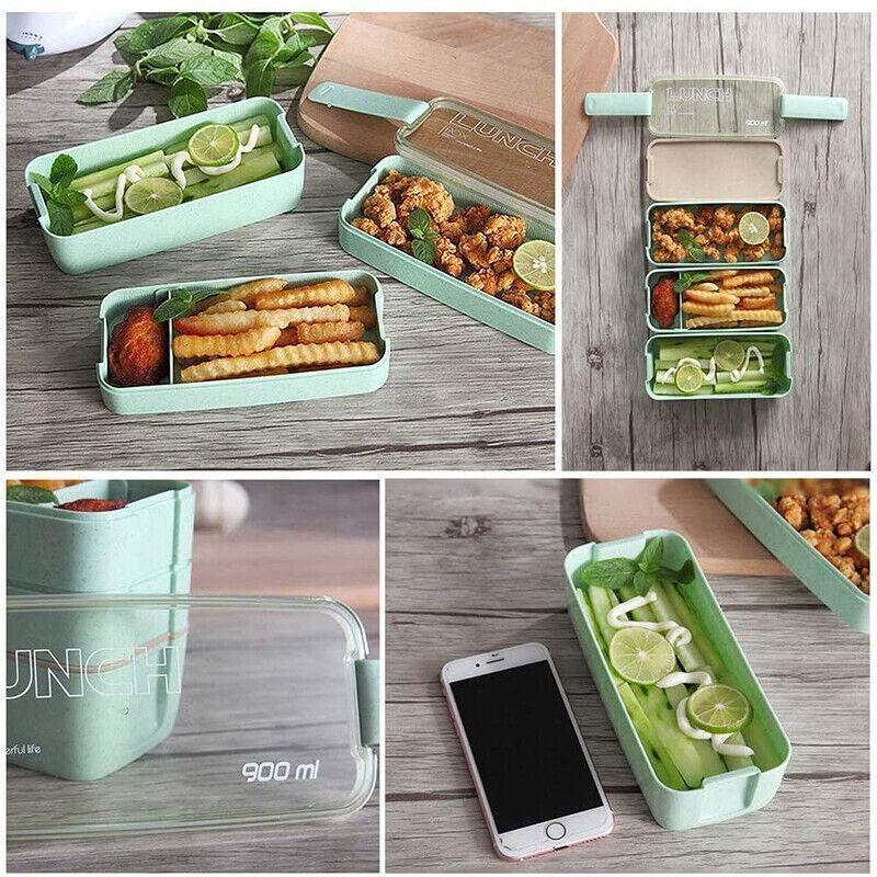 Lunch Box 3-Layer Bento Food Container 900ml with Spoon Fork Portable Student Use - Beige