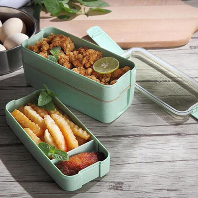 Lunch Box 3-Layer Bento Food Container 900ml with Spoon Fork Portable Student Use - Beige