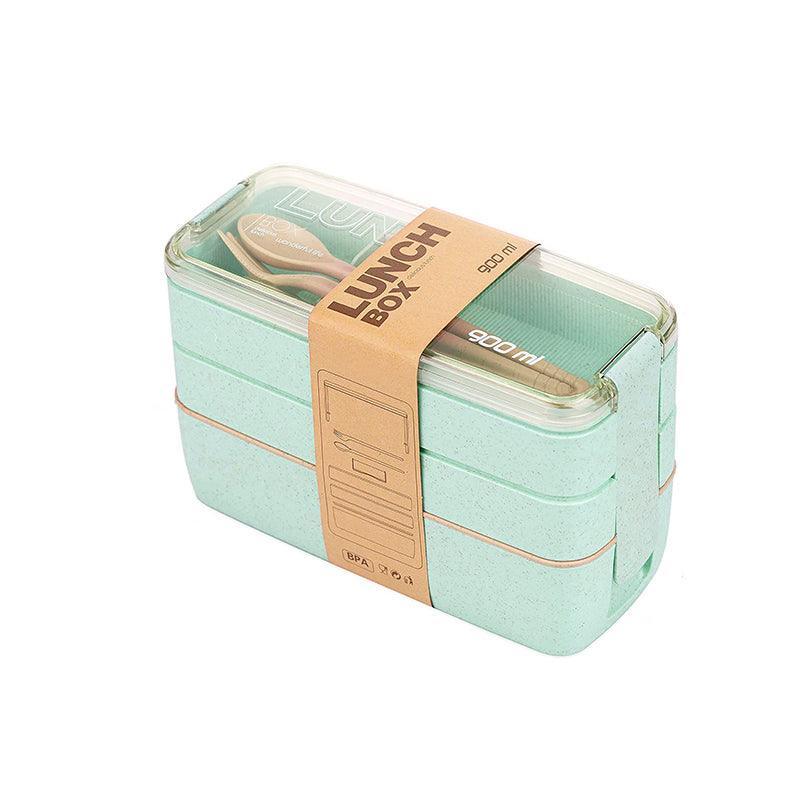Lunch Box 3-Layer Bento Food Container 900ml with Spoon Fork Portable Student Use - Beige