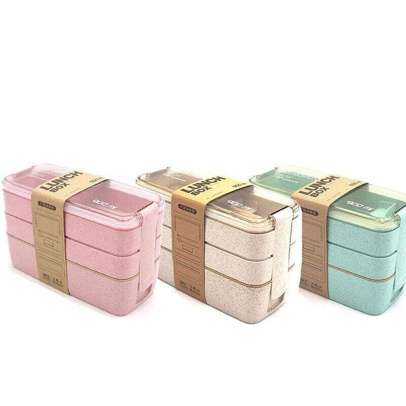 Lunch Box 3-Layer Bento Food Container 900ml with Spoon Fork Portable Student Use - Green