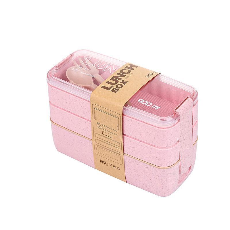 Lunch Box 3-Layer Bento Food Container 900ml with Spoon Fork Portable Student Use - Pink