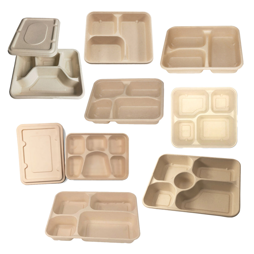 25/50pcs Biodegradable Lunch Box Microwaveable Tray with Compartment Paper Lid - 1400ml-5-25pcs