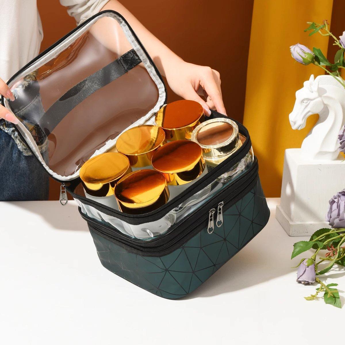 Portable Double-Layer Large Capacity Waterproof Cosmetic Bag Travel Toiletry Bag - Blue