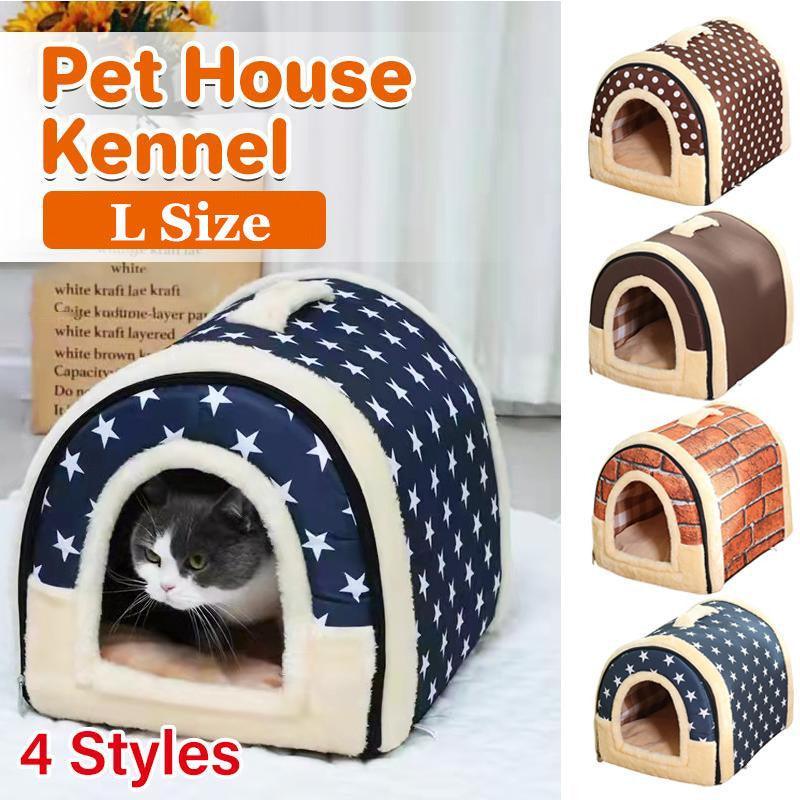 L Size Pet House Kennel Soft Igloo Beds Cave Cat Puppy Bed Warm Cushion Fold - Brown Dots