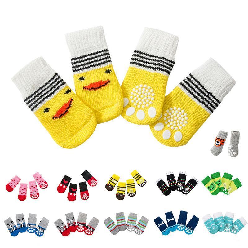 Non Slip Pet Socks for Dogs and Cats Knitted Paw Protector with Grips L Size - Grey stripes
