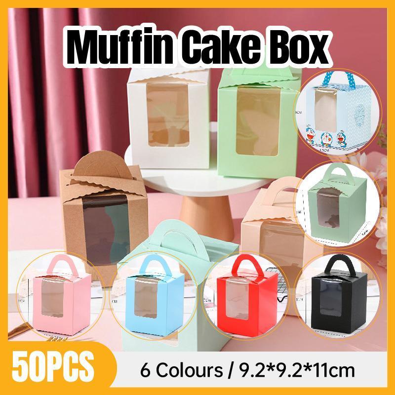 50 Pack Premium Cupcake Boxes with Window Thickened Cardboard Muffin Holders - Pink