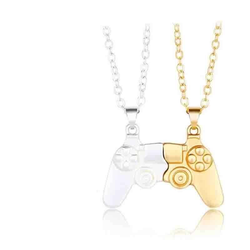 Matching Gamer Controller Necklace for Couples or Friends Pendant Gift Set - Silver and Silver