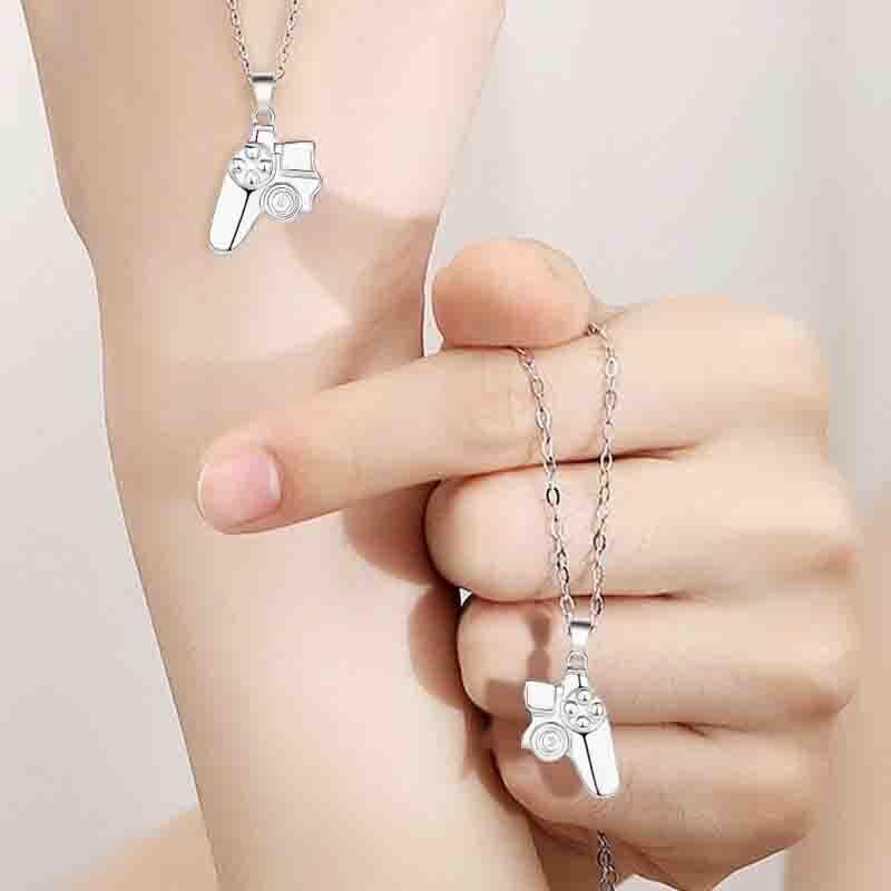 Matching Gamer Controller Necklace for Couples or Friends Pendant Gift Set - Silver and Black