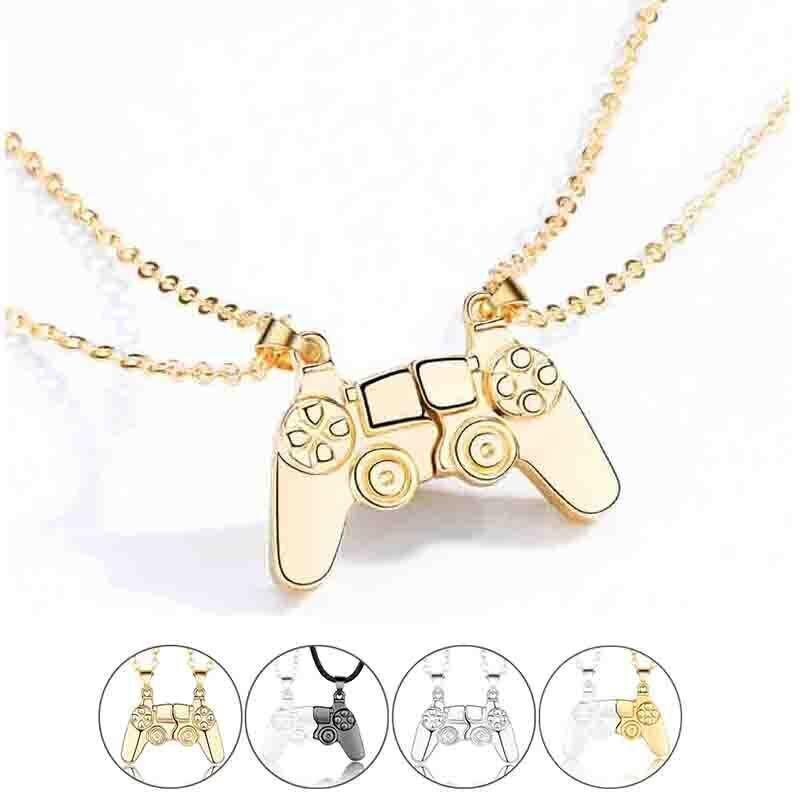 Matching Gamer Controller Necklace for Couples or Friends Pendant Gift Set - Silver and Black