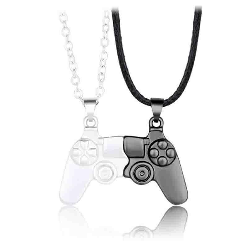Matching Gamer Controller Necklace for Couples or Friends Pendant Gift Set - Silver and Black
