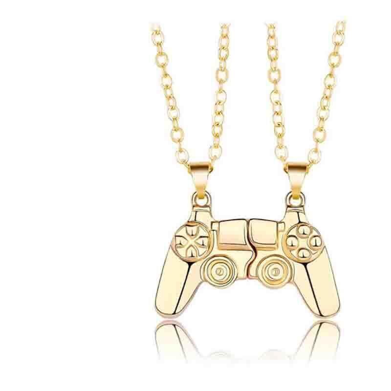 Matching Gamer Controller Necklace for Couples or Friends Pendant Gift Set - Silver and Black