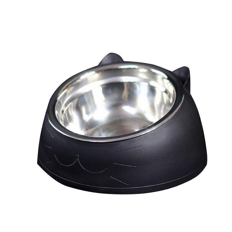 Pet Dog Cat Food Bowl Raised No Slip Stainless Steel Tilted Water Food Feeder - Black