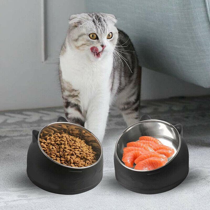 Pet Dog Cat Food Bowl Raised No Slip Stainless Steel Tilted Water Food Feeder - Blue