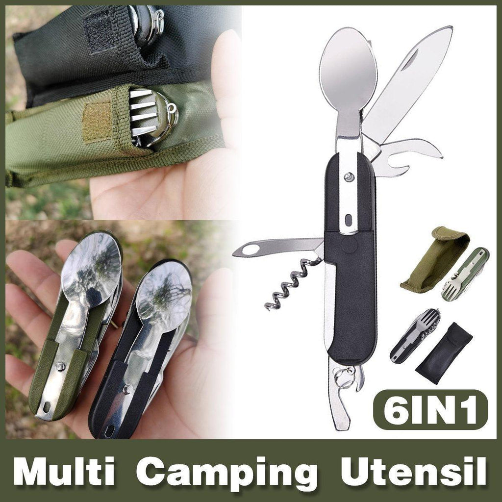 6in1 Portable Folding Knife Fork Spoon Set Outdoor Multi Functional Tableware - Black
