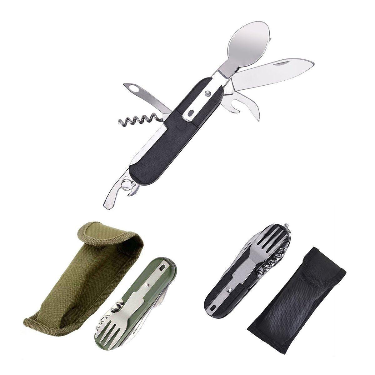 6in1 Portable Folding Knife Fork Spoon Set Outdoor Multi Functional Tableware - Green