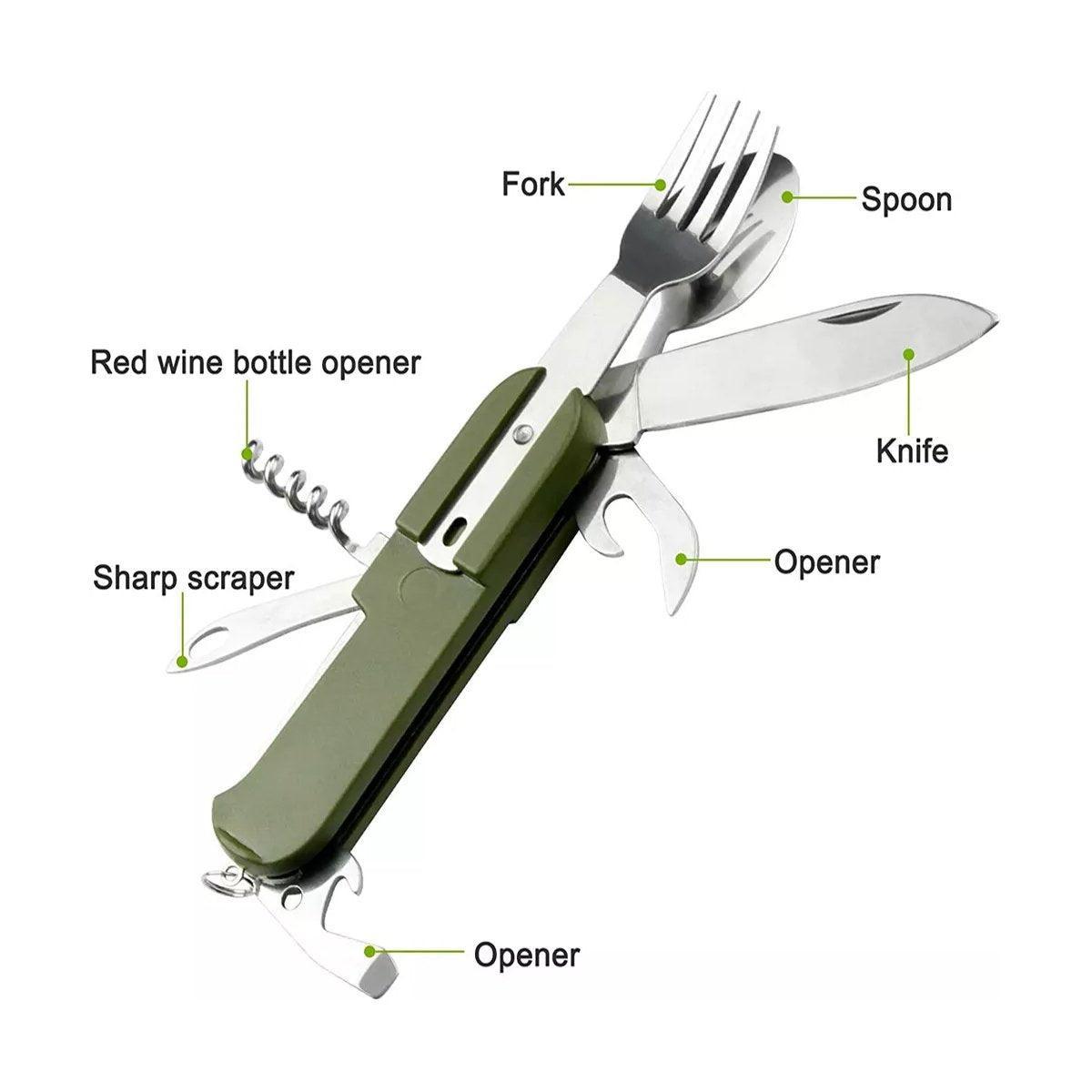 6in1 Portable Folding Knife Fork Spoon Set Outdoor Multi Functional Tableware - Green