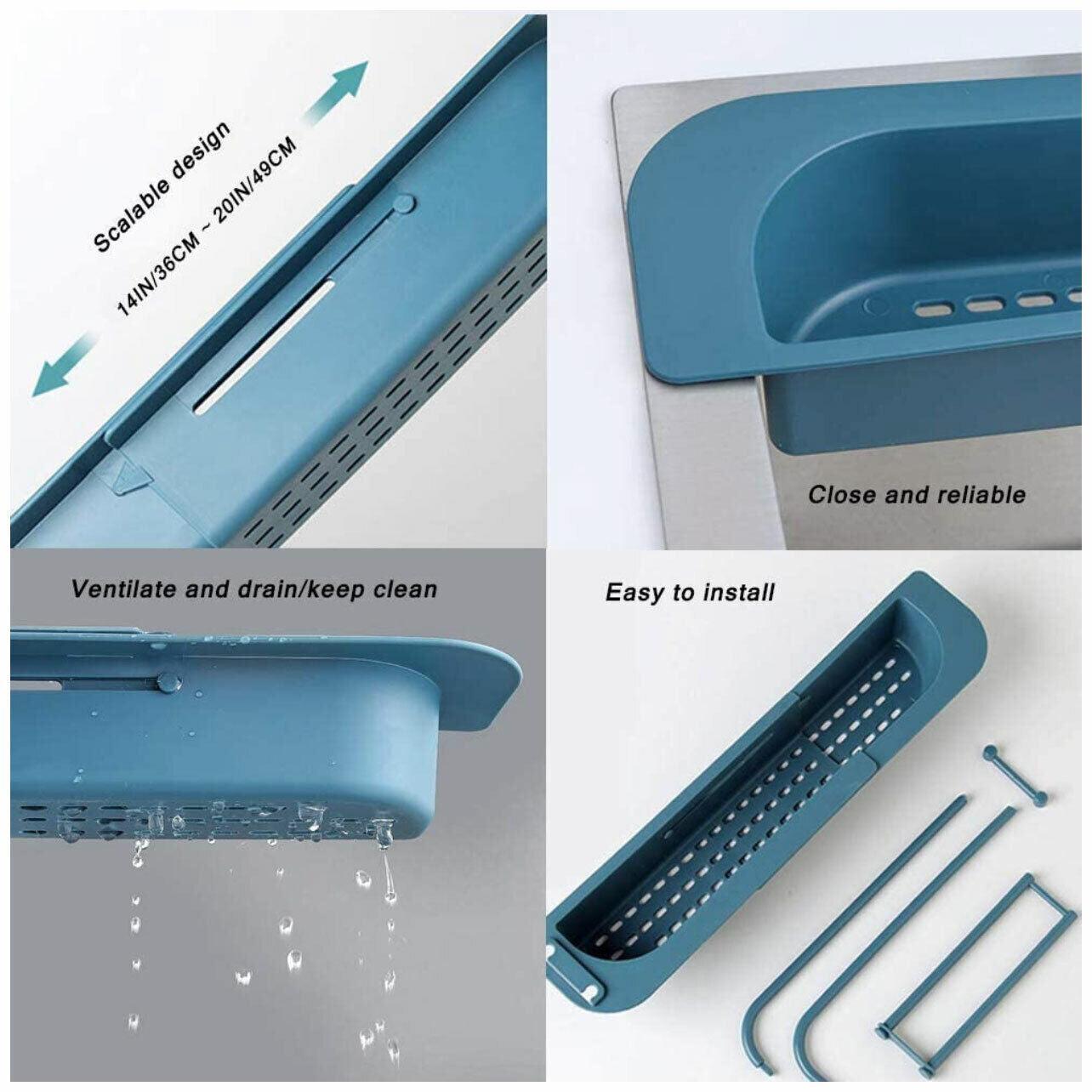 Telescopic Sink Rack Holder Expandable Storage Drain Basket Home Kitchen Kit - Grey