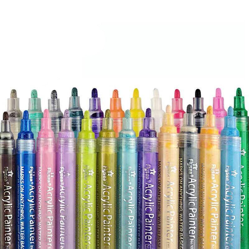 Flysea 12-80 Colours Acrylic Paint Pens Painting Stone Ceramic Glass Markers 0.7 - Black*3+White*3 Set