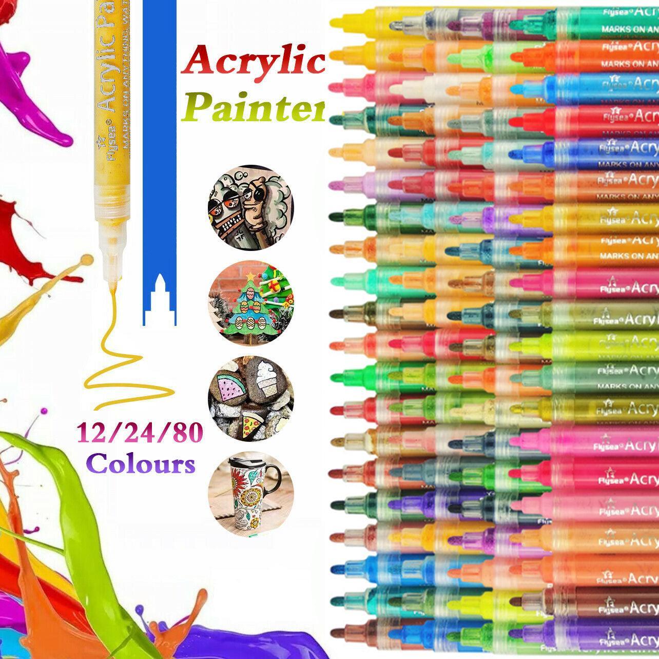 Flysea 12-80 Colours Acrylic Paint Pens Painting Stone Ceramic Glass Markers 0.7 - White*6 Set